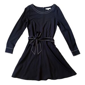 Minimalist Quiet Luxury LOFT Black Dress Long Sleeve Tie Waist Contrast Stitch 6